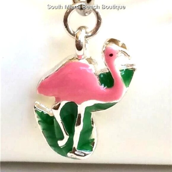 Silver Pink Flamingo Charm Bracelet Island Bird Tropical Beach Art Deco Plated - Picture 1 of 11